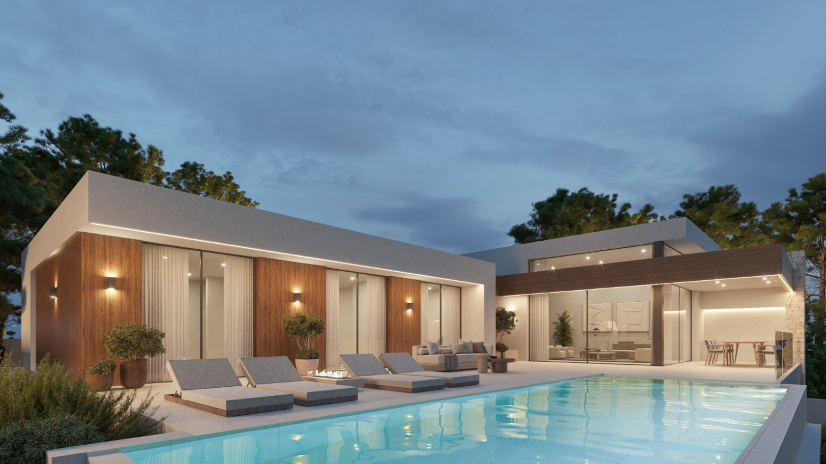 Dämmerungsansicht einer modernen Villa mit Infinity-Pool, Holzfassade und großen Glasfronten, die auf eine möblierte Terrasse führen.