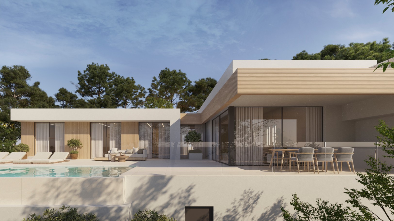 Moderne Villa mit Holzfassadenelementen, großzügiger Terrasse mit Essbereich, Lounge und Infinity-Pool vor einer Kulisse aus mediterranen Pinien.
