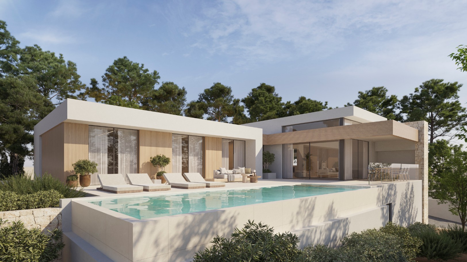 Moderne Villenfassade mit Infinity-Pool, Holzverkleidung und großen Glasfronten. Die weitläufige Terrasse bietet Liegeflächen inmitten von Pinien.