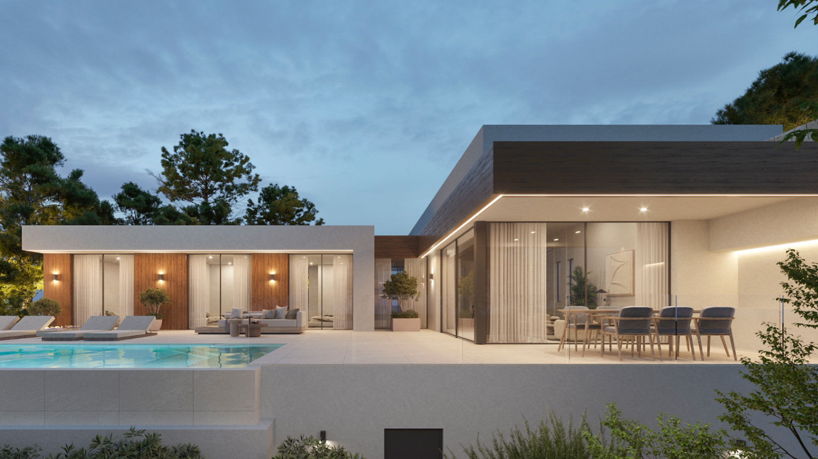 Moderne Villenfassade mit LED-Beleuchtung, Feinsteinzeug-Terrasse, Essbereich im Freien und in die Architektur integriertem Infinity-Pool.