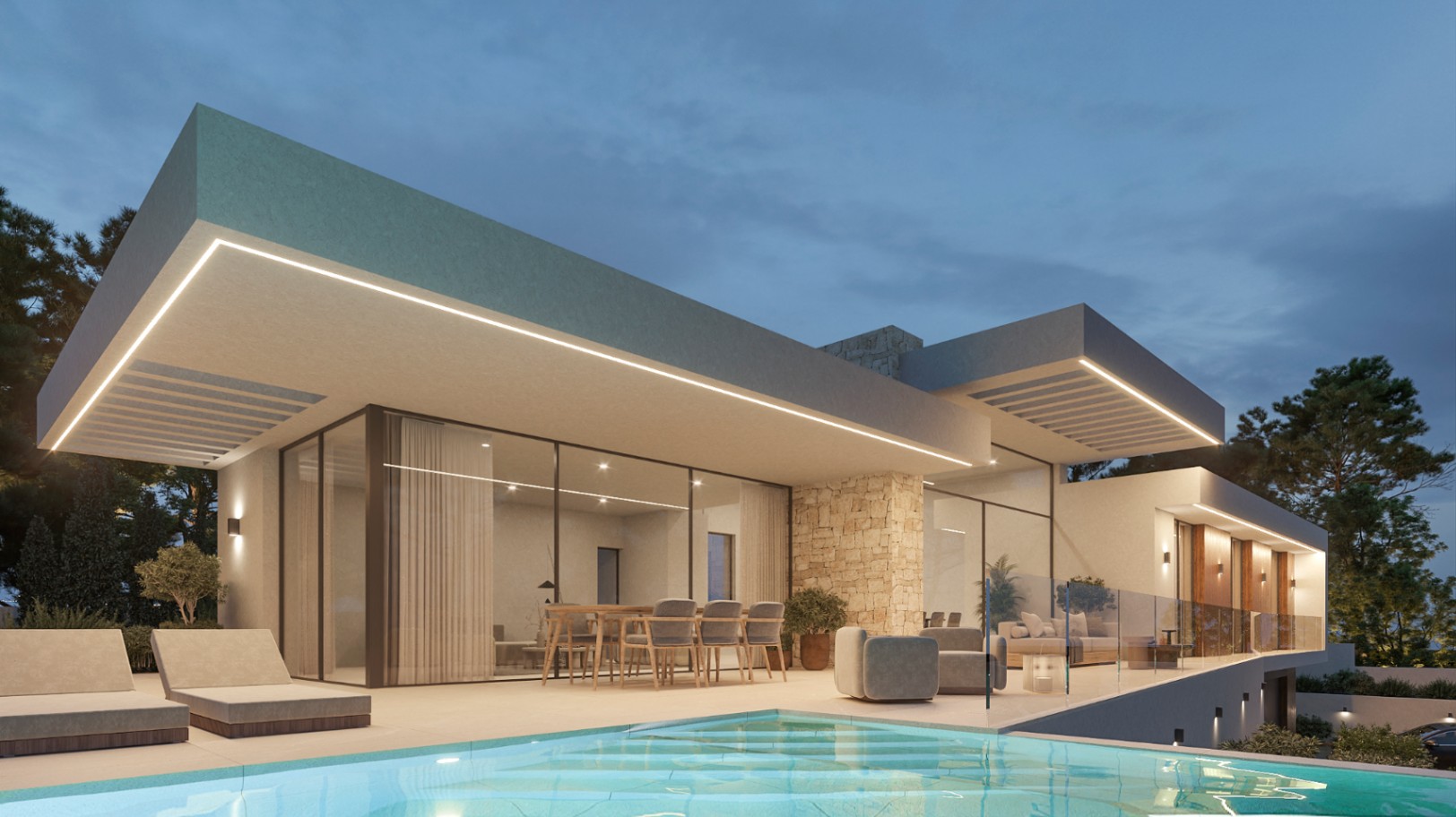 Abendansicht einer modernen Villa mit Infinity-Pool, großzügiger Terrasse, integrierter LED-Beleuchtung und markanten Natursteinakzenten.