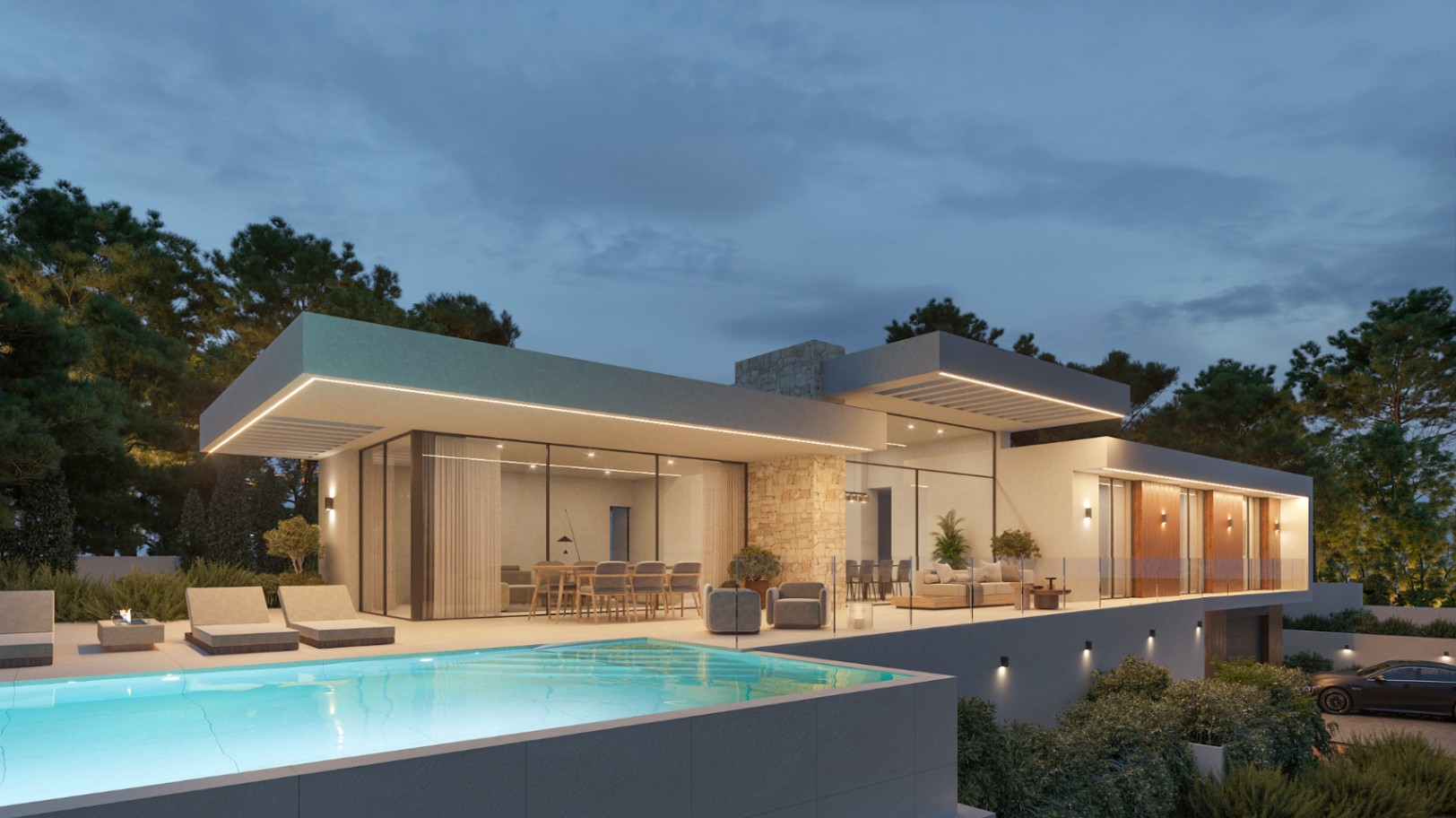 Abendliche Außenansicht der Villa mit Infinity-Pool, weitläufigen Terrassen mit LED-Lichtleisten und einer Fassade aus Naturstein und Glas.