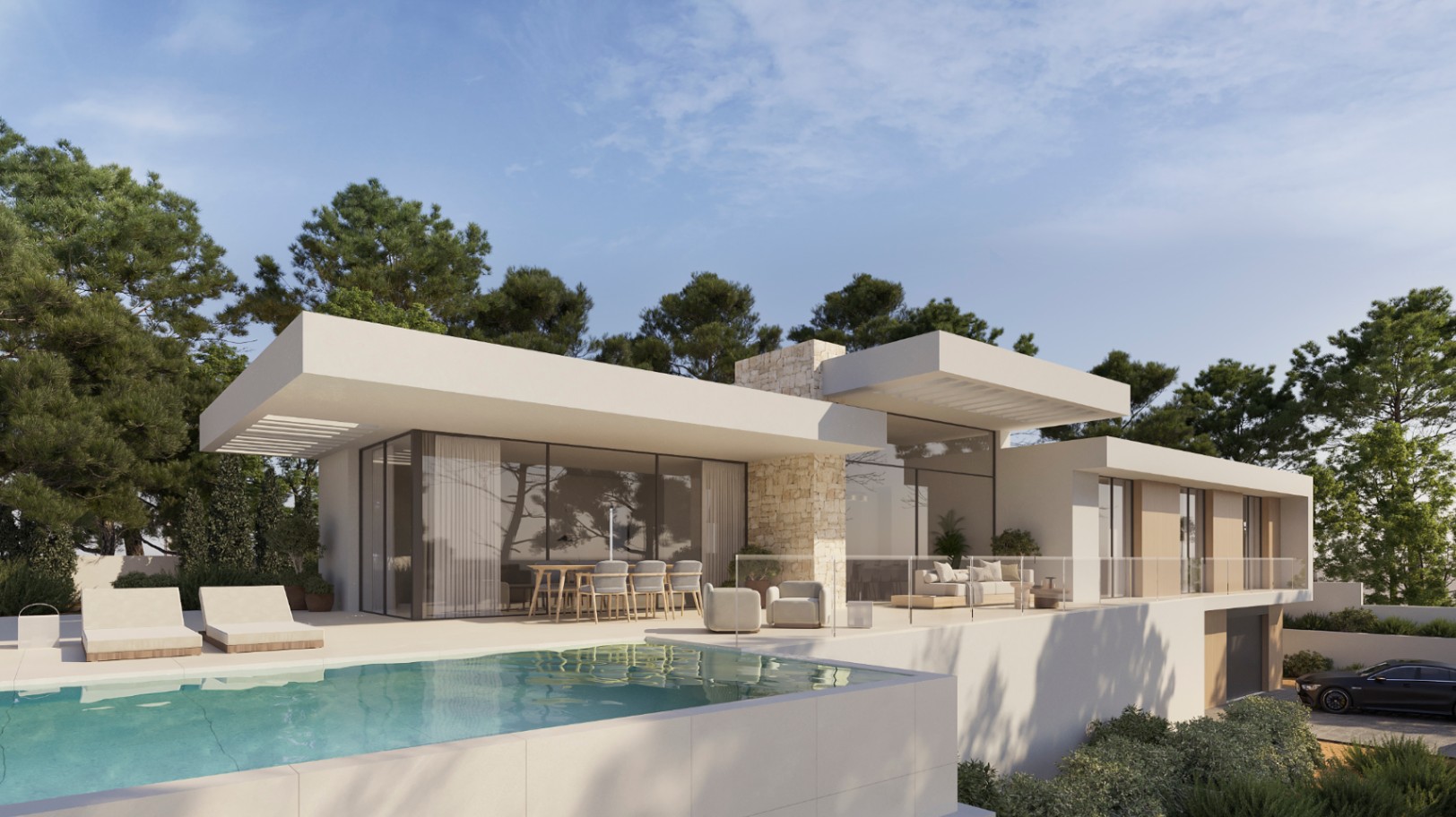 Außenansicht der modernen Villa mit Infinity-Pool, Terrasse mit Glasgeländer und Natursteinfassade inmitten einer mediterranen Pinienlandschaft.