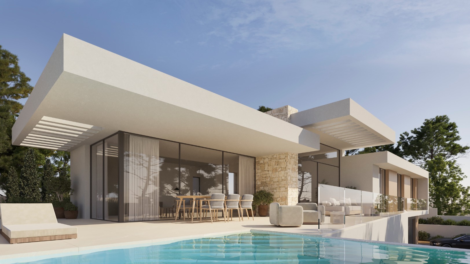 Außenansicht der modernen Villa mit Pool, großzügiger Terrasse, Essbereich im Freien und Fassade aus weißem Putz mit Natursteinakzenten und Glasfronten.