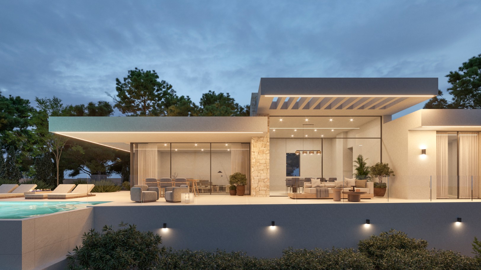 Moderne Villenfassade in der Dämmerung mit bodentiefen Glasfronten, Natursteinakzenten und einer beleuchteten Terrasse am Infinity-Pool.