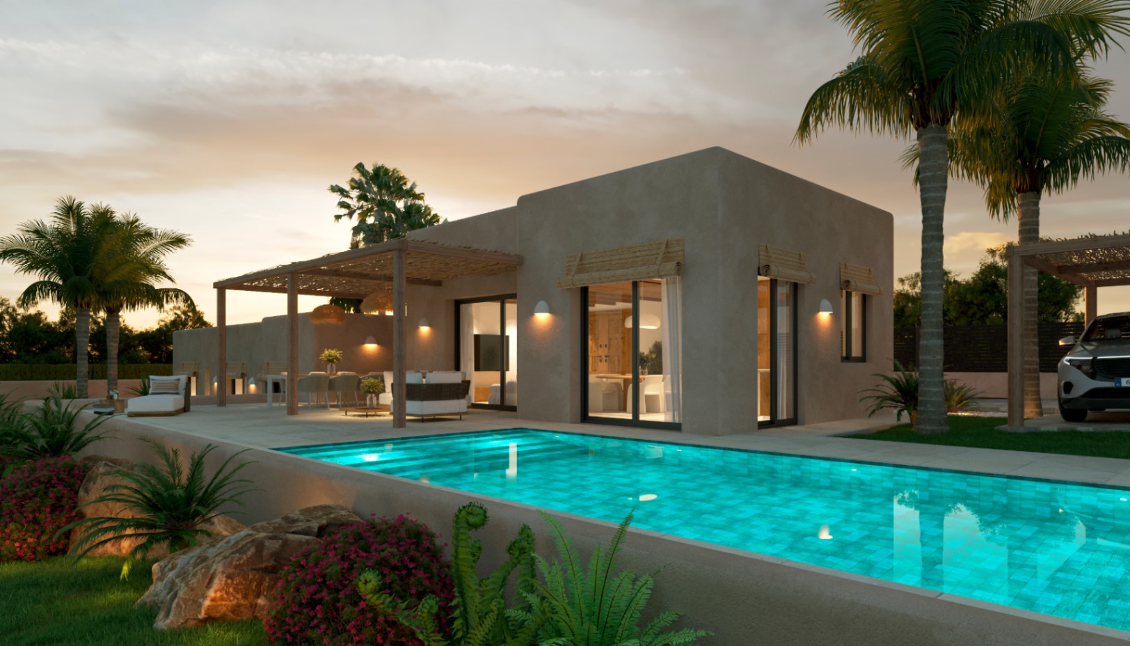 Außenansicht bei Dämmerung mit beleuchtetem Pool, Terrasse unter einer Naturfaser-Pergola und minimalistischer mediterraner Fassade mit warmen Wandleuchten.