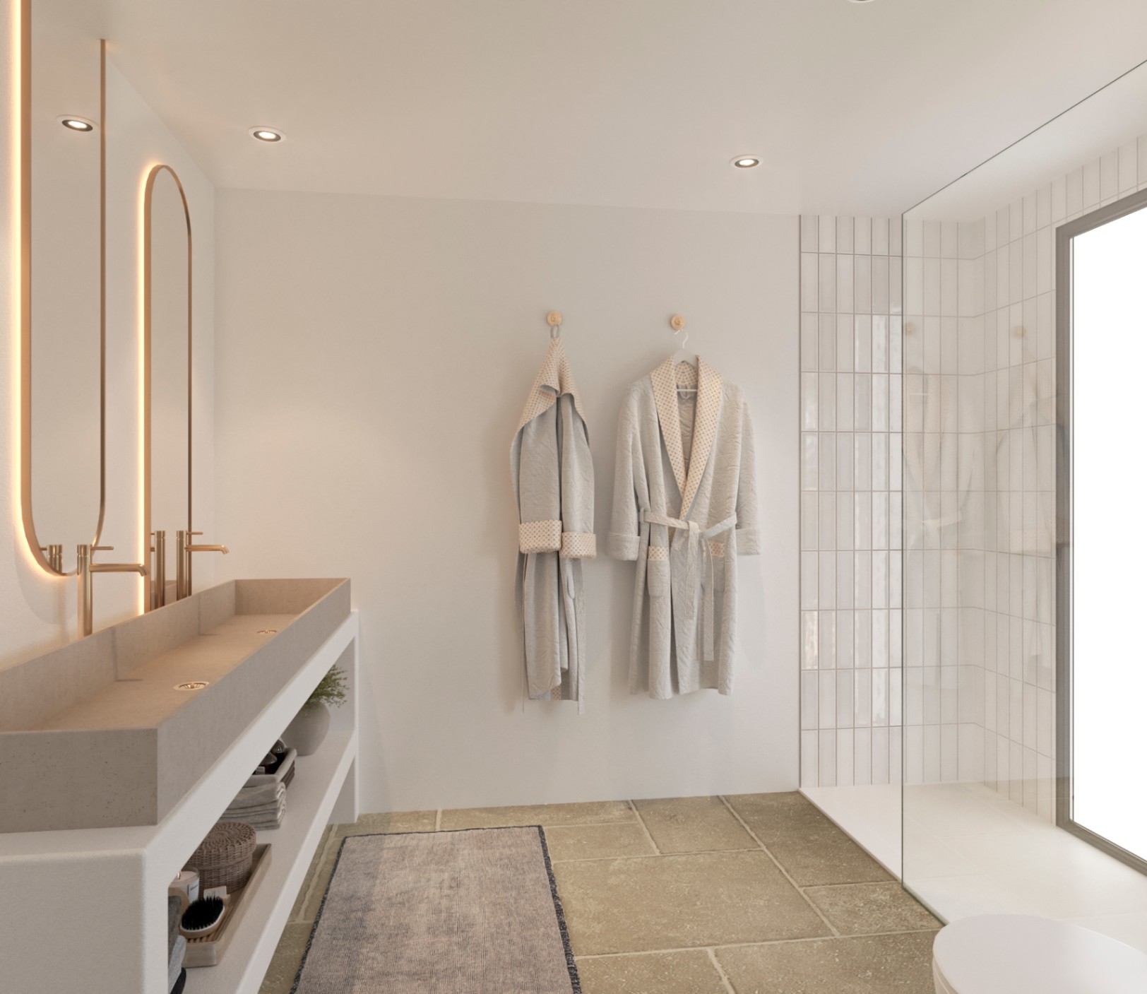 Modernes Badezimmer mit Doppelwaschbecken aus Stein, goldenen Armaturen und hinterleuchteten Spiegeln. Inklusive begehbarer Dusche mit Glastrennwand und Natursteinboden.