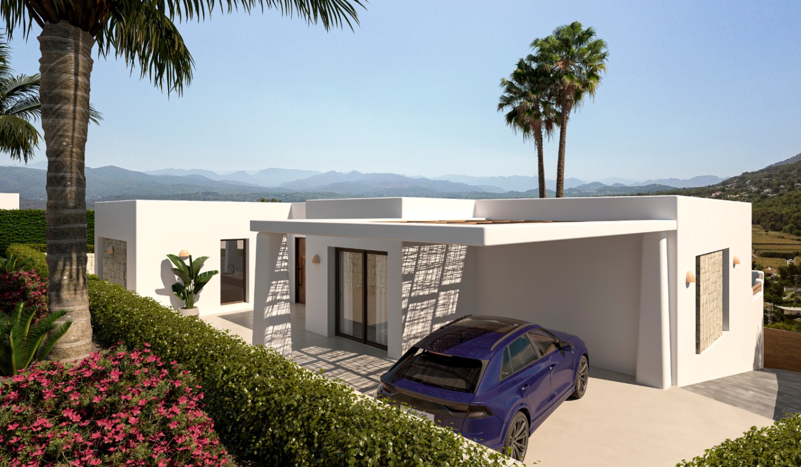 Außenansicht im ibizenkischen Stil mit überdachtem Carport, Natursteinakzenten und Panoramablick auf die Berge in mediterraner Umgebung.