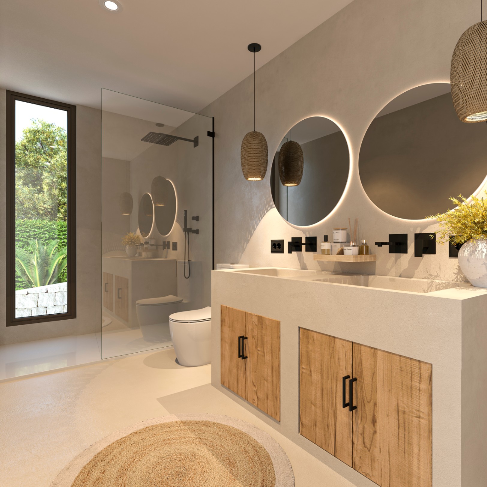 Badezimmer im Ibiza-Stil mit Doppelwaschtisch aus Mikrozement, hinterleuchteten Rundspiegeln, schwarzen Armaturen und begehbarer Dusche mit Blick ins Grüne.