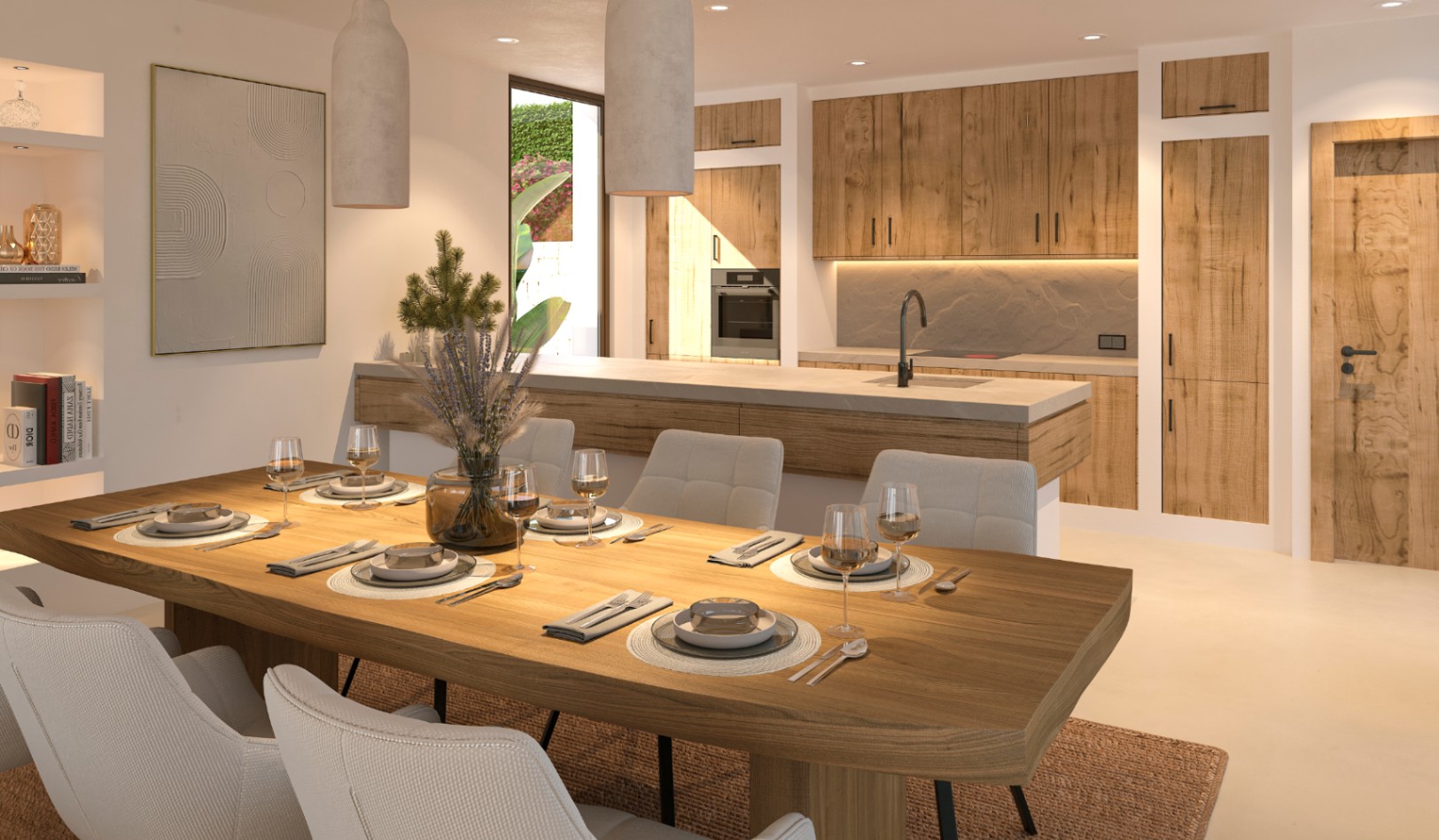 Offener Essbereich mit Massivholztisch und Polsterstühlen, angrenzend an eine moderne Küche mit Holzfronten und Arbeitsplatten aus Naturstein.