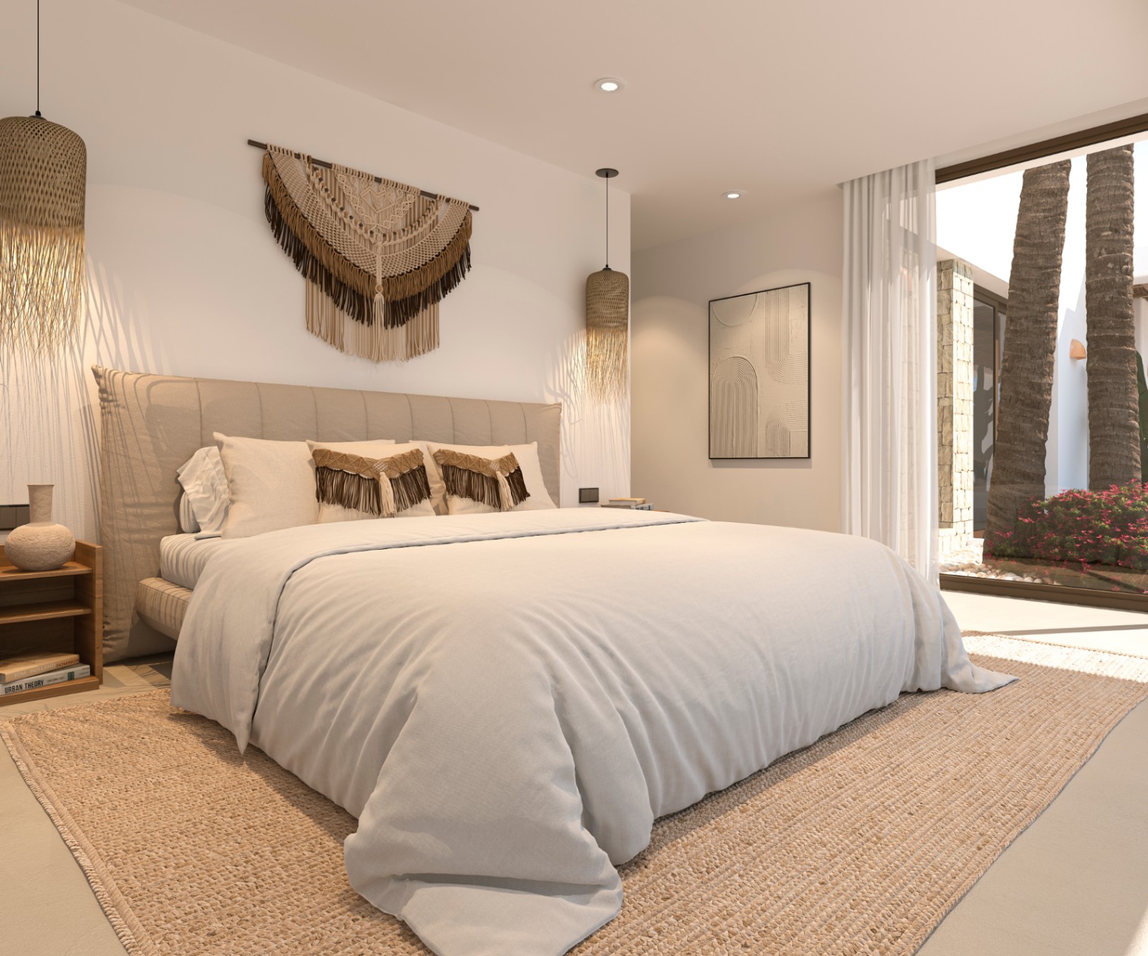Schlafzimmer im Ibiza-Stil mit Makramee-Wandbehang, Korblampen und bodentiefen Fenstern mit Blick auf Palmen und Außenbereich.