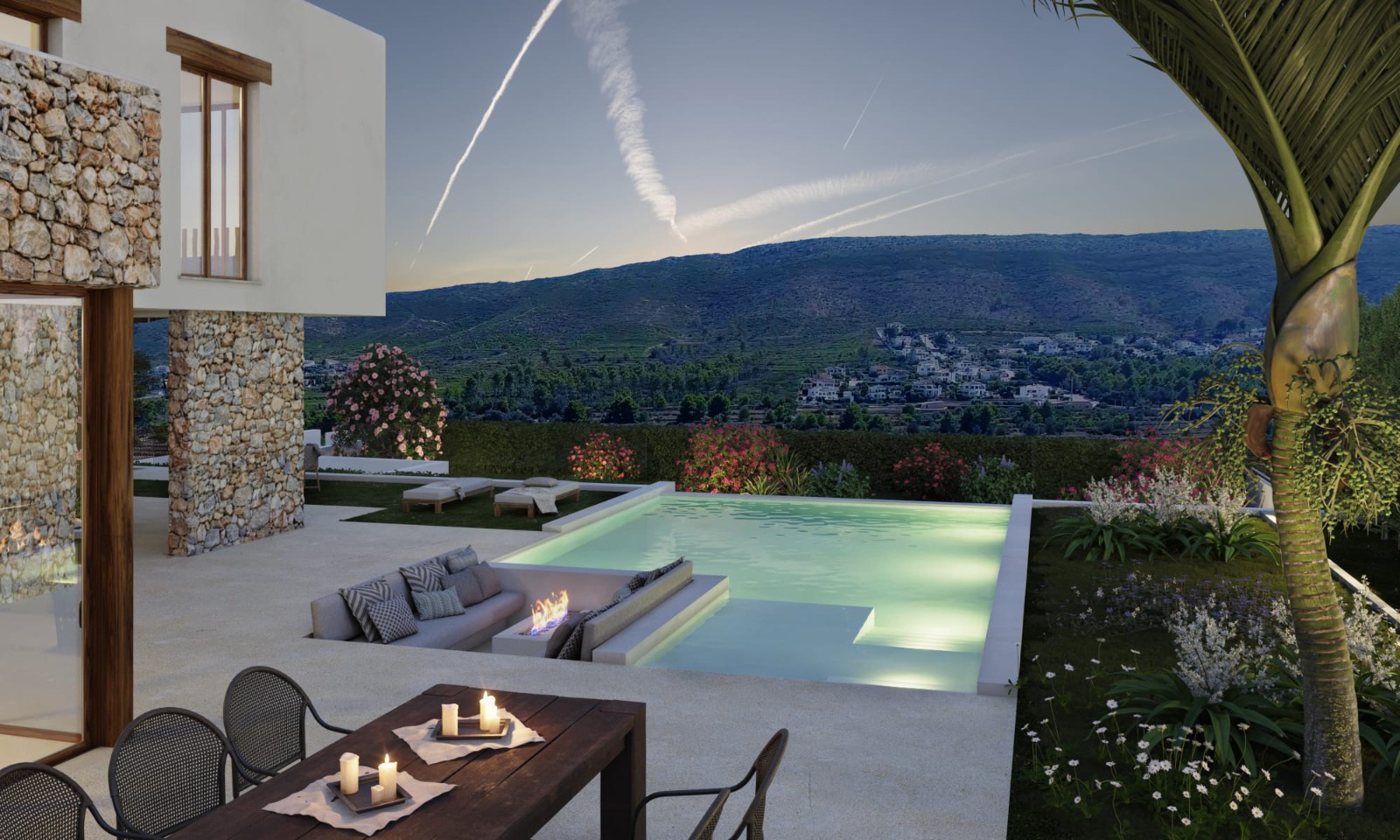 Außenanlage mit Infinity-Pool, versenktem Loungebereich mit Feuerstelle und Natursteinfassade, eingebettet in einen Garten mit Panoramablick auf die Berge.