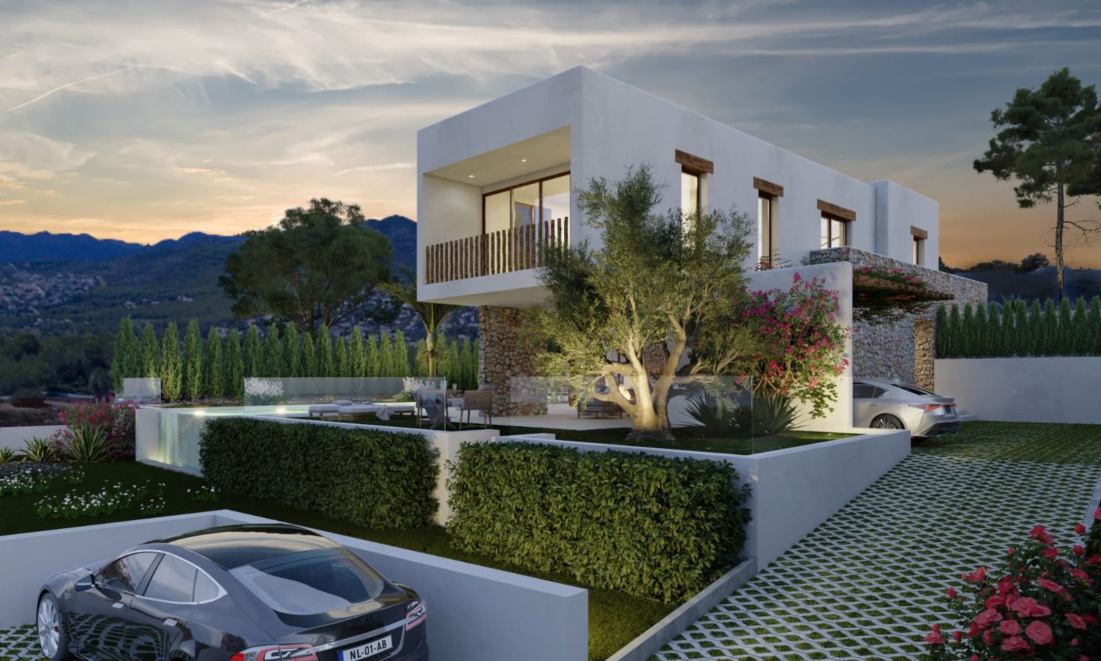 Außenansicht der Villa im ibizenkischen Stil mit Natursteinmauern, weißer Fassade und angelegtem Garten mit beleuchtetem Olivenbaum und Infinity-Pool.