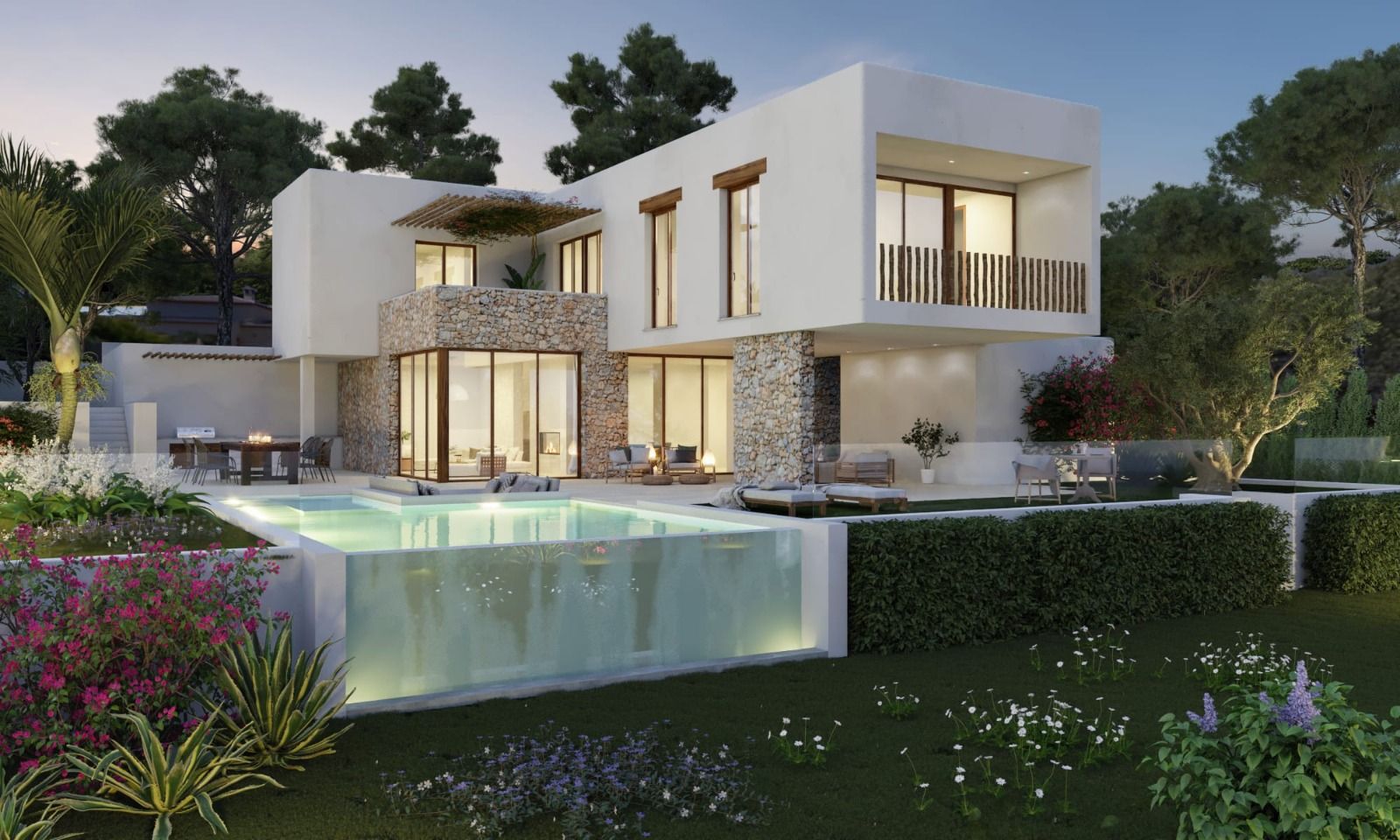 Außenansicht der Villa mit weißer Fassade, Natursteinakzenten und einem Infinity-Pool mit Glaswand, eingebettet in einen gepflegten mediterranen Garten.