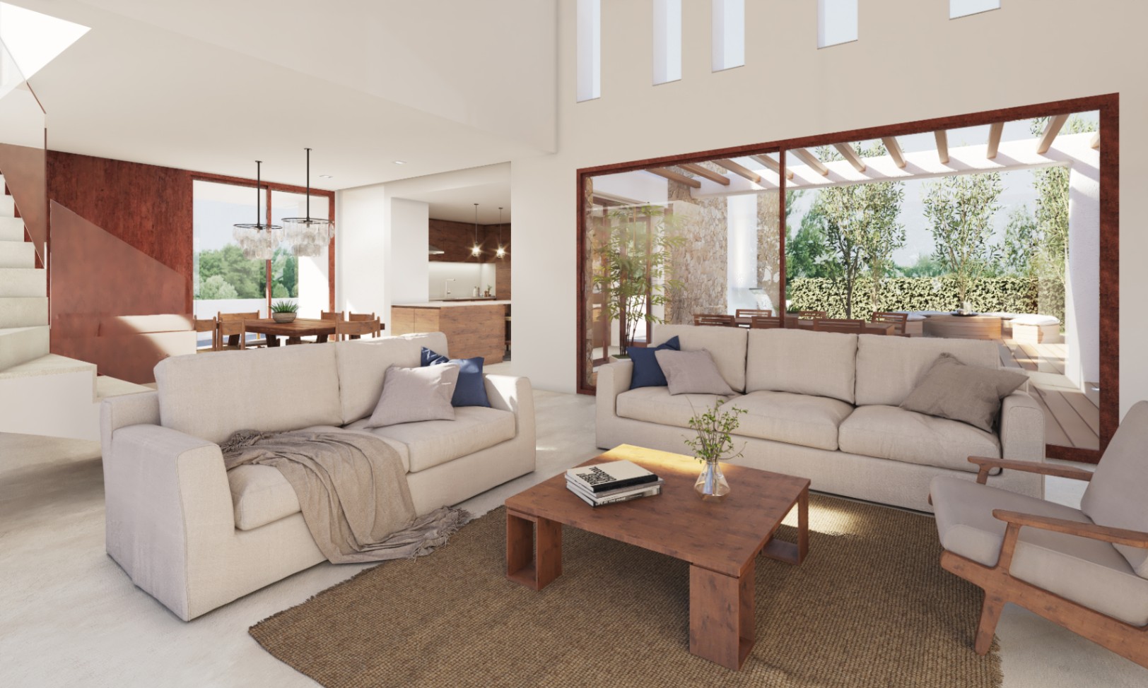 Helles Wohnzimmer mit weißen Sofas, Holztisch und Zugang zu einer Außenterrasse.