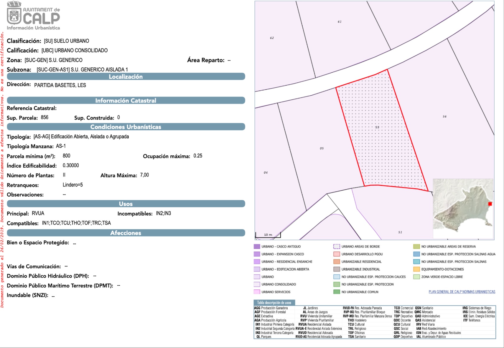 Offizieller Bebauungsplan für das Grundstück in Bassetes, Calpe, mit Details zur Fläche von 856 m², einer Bebauungsdichte von 0,30 und Bauvorschriften.
