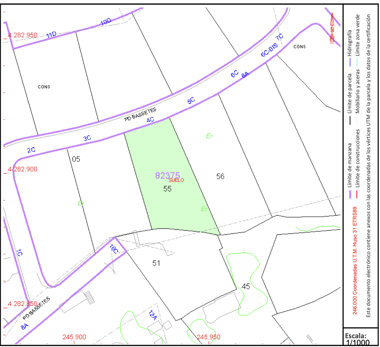 Technischer Katasterplan von Grundstück 55 in Bassetes, Calpe, mit Darstellung der exakten Grenzen und Straßenzugänge im Maßstab 1:1000.
