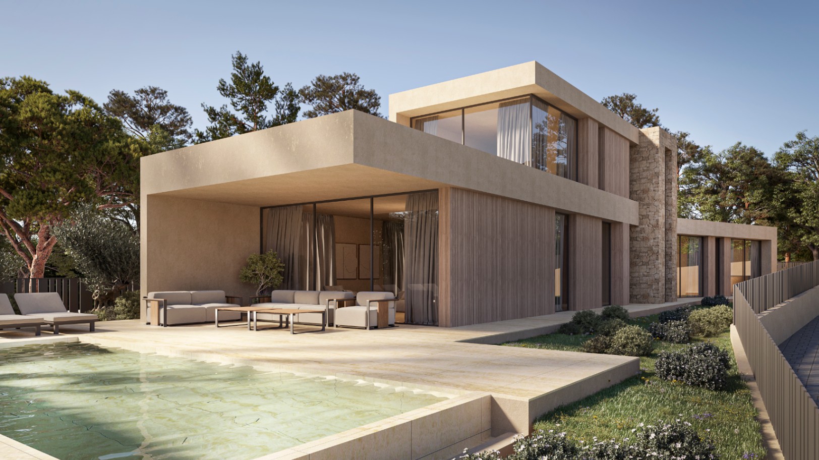 Moderne Villa im ibizenkischen Stil mit Natursteinwänden, Holzpaneelen und einer großzügigen Terrasse mit integriertem Pool und schattigem Loungebereich.