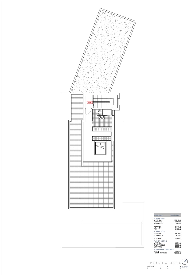 Technischer Grundriss des Obergeschosses mit der Aufteilung eines Schlafzimmers, Badezimmers und einer weitläufigen Terrasse von 67,48 m².