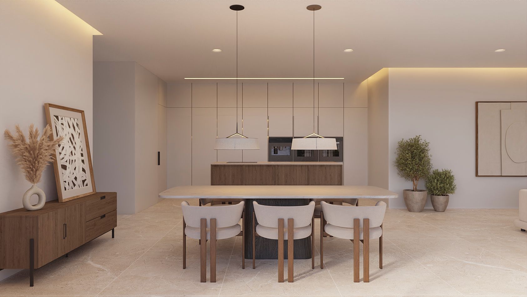 Offener Essbereich mit Steintisch und Designerstühlen, integriert in eine minimalistische Küche mit Holzinsel und warmer indirekter Beleuchtung.