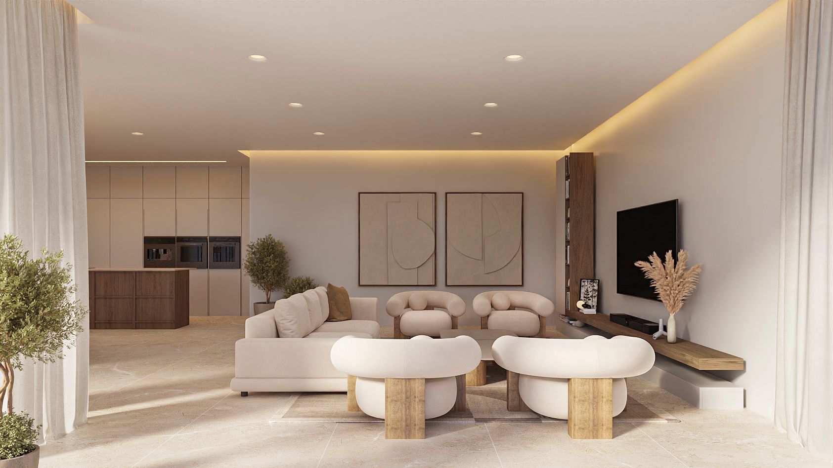 Offener Wohnbereich mit Designer-Sesseln in neutralen Tönen, indirekter LED-Beleuchtung und Natursteinboden, der fließend in die moderne Küche übergeht.