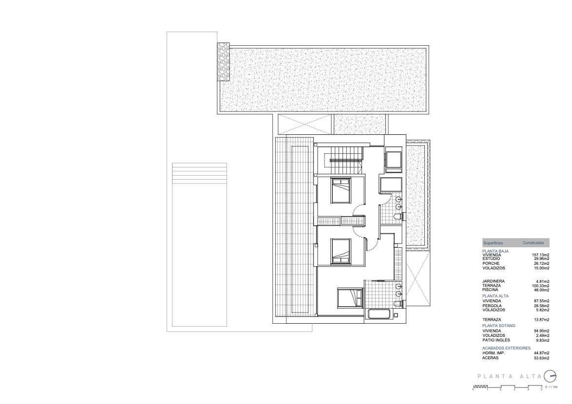 Technischer Grundriss des Obergeschosses mit Aufteilung von drei Schlafzimmern, zwei Bädern und Terrasse, inklusive detaillierter Flächentabelle.