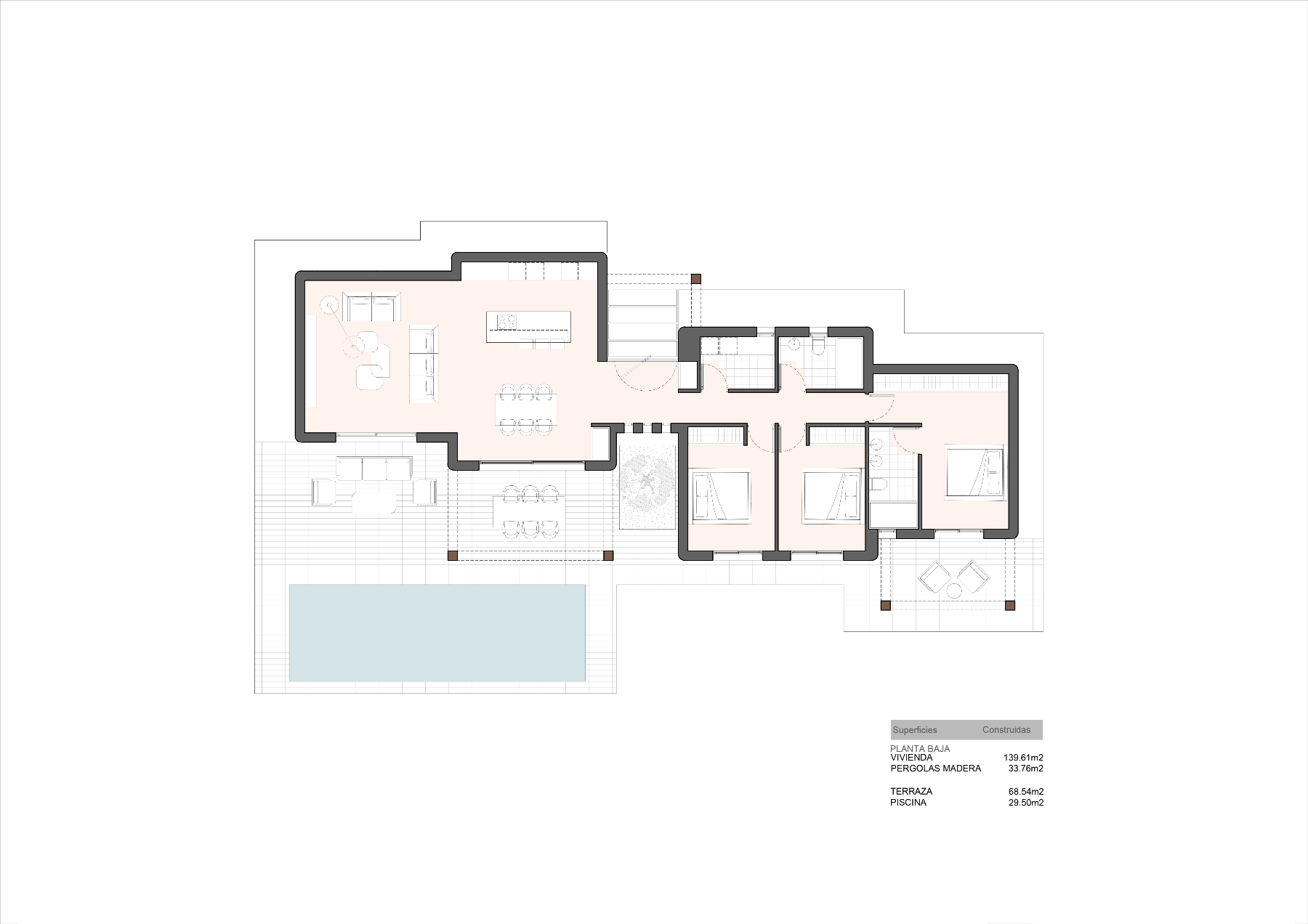 Detaillierter Grundriss des Erdgeschosses mit Aufteilung der drei Schlafzimmer, des offenen Wohnbereichs und der Terrasse mit privatem 29 m² Pool.