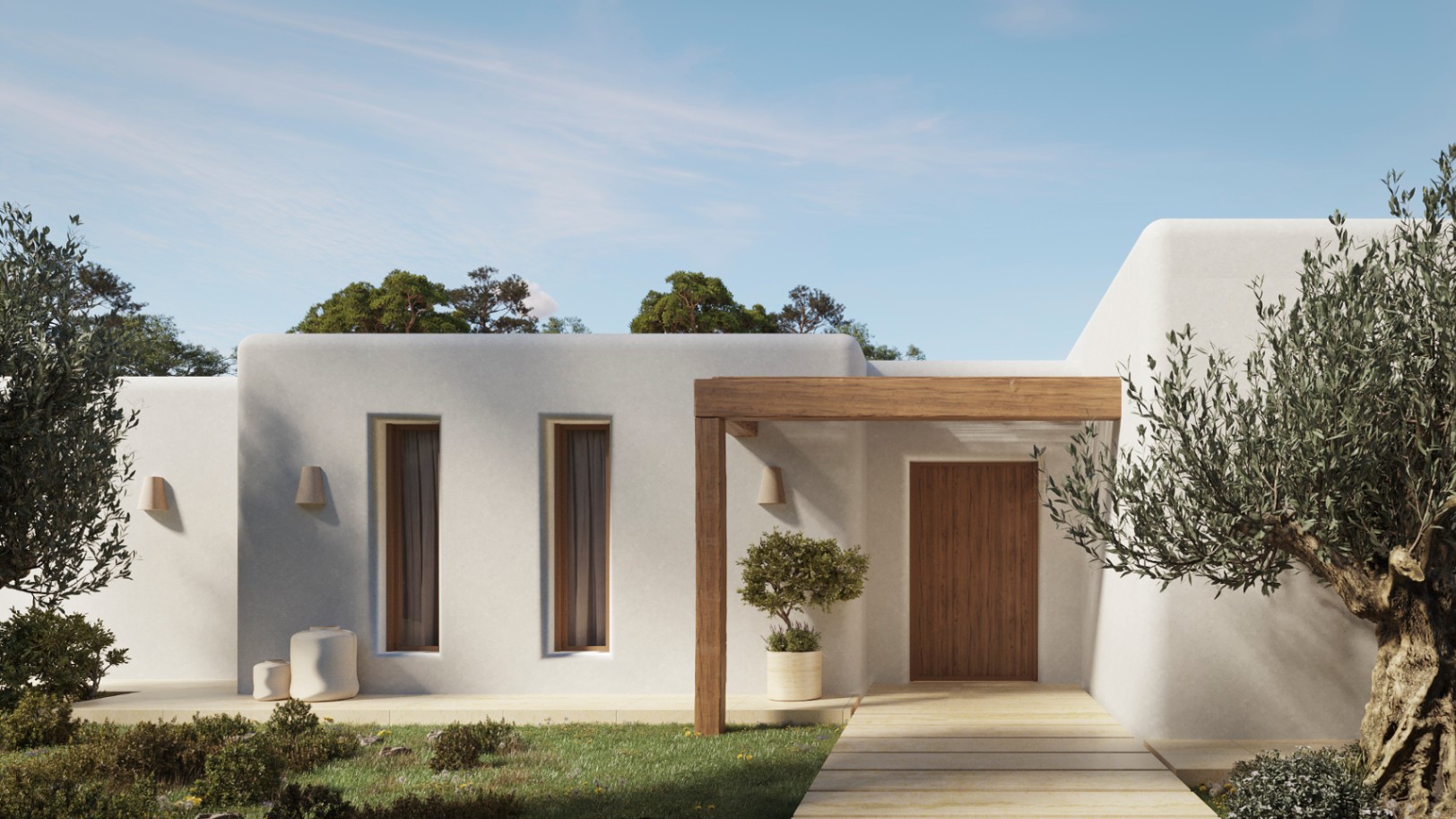 Eingangsbereich im Ibiza-Stil mit weiß verputzten Wänden, Naturholzbalken und einer Massivholztür, umgeben von mediterraner Bepflanzung und Olivenbäumen.