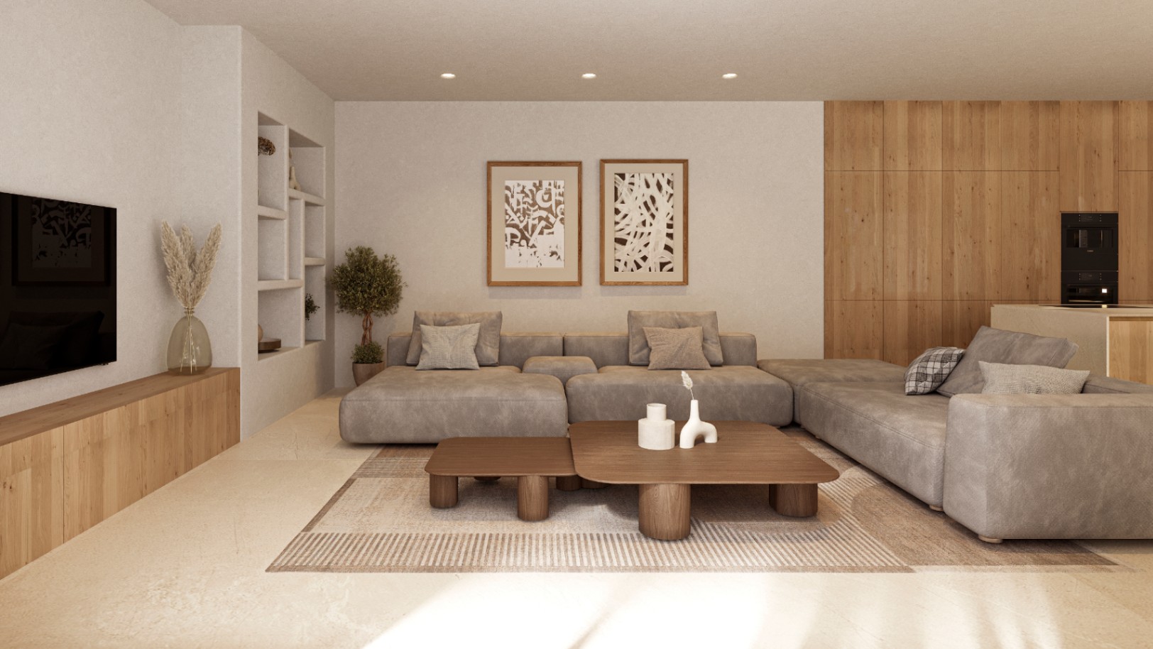 Offener Wohnbereich mit grauem Modulsofa, Couchtischen aus Eichenholz und integrierten Wandregalen. Naturholzpaneele verbinden den Wohnraum harmonisch mit der Küche.
