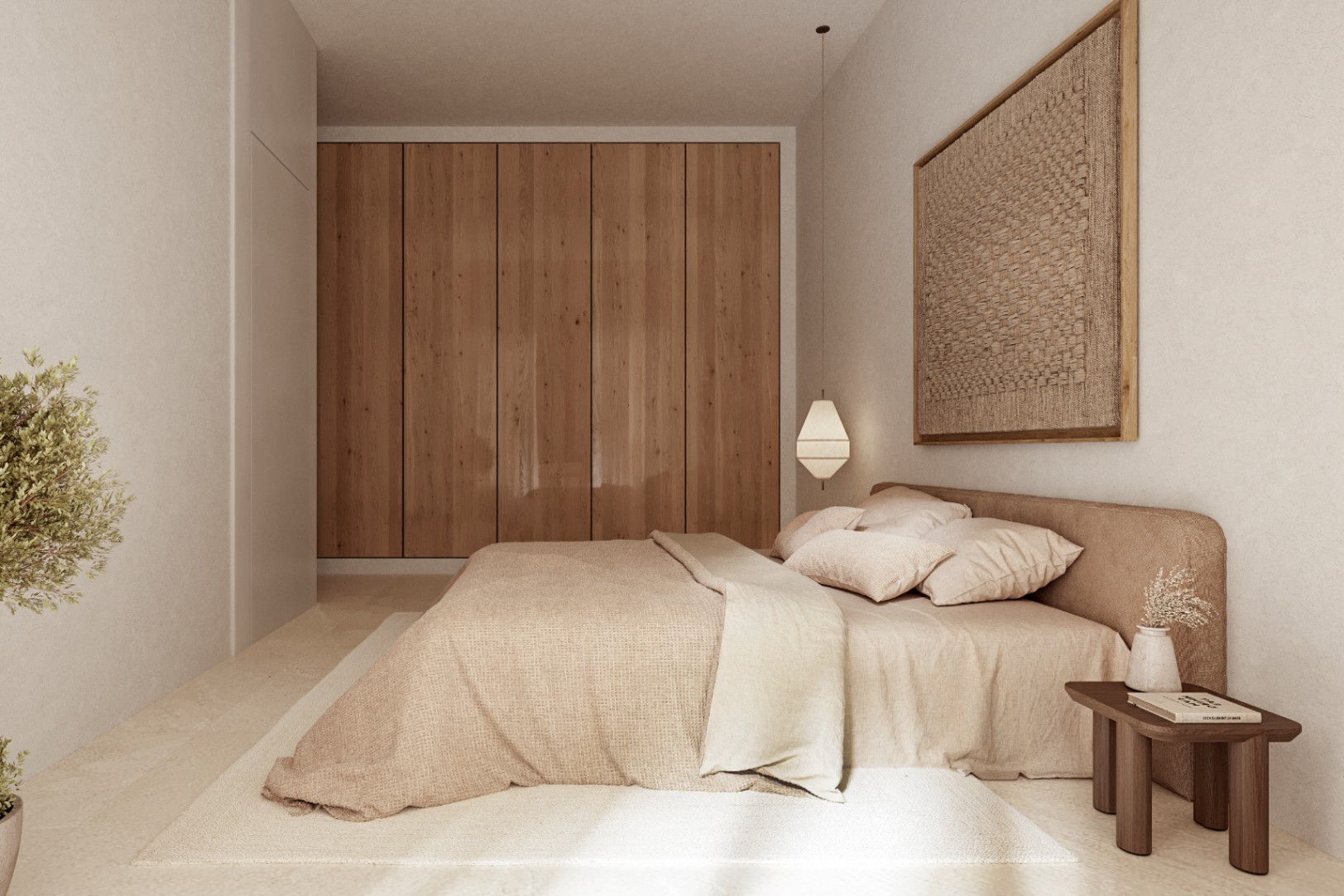 Schlafzimmer im ibizenkischen Stil mit deckenhohen Holzschränken, strukturierten Wänden und Leinenbettwäsche in neutralen Erdtönen.