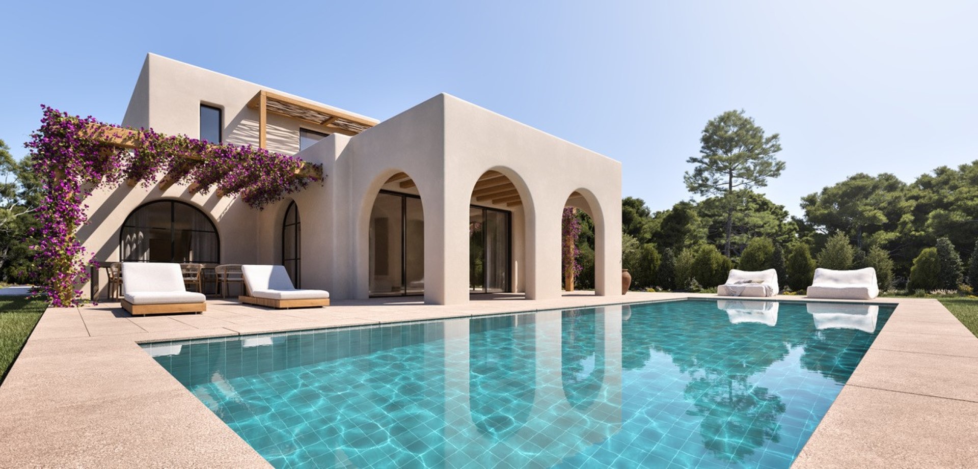 Außenansicht einer Luxusvilla mit privatem Pool, mediterraner Bogenterrasse und Holzpergola mit Bougainvillea in Moraira.