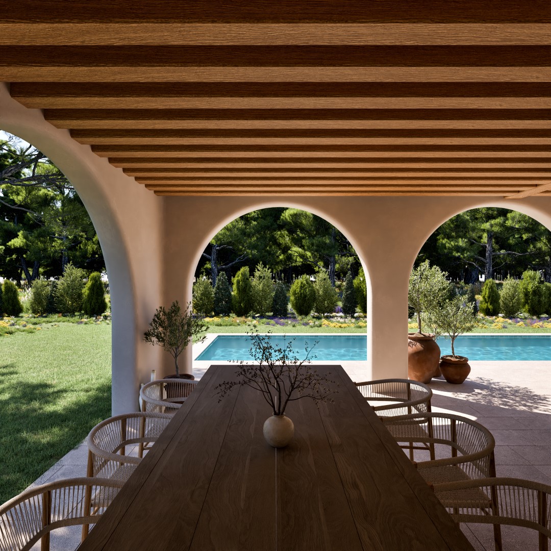 Mediterrane Naya mit Rundbögen, Holzbalkendecke und Essbereich im Freien mit Blick auf den privaten Pool und den gepflegten Garten.