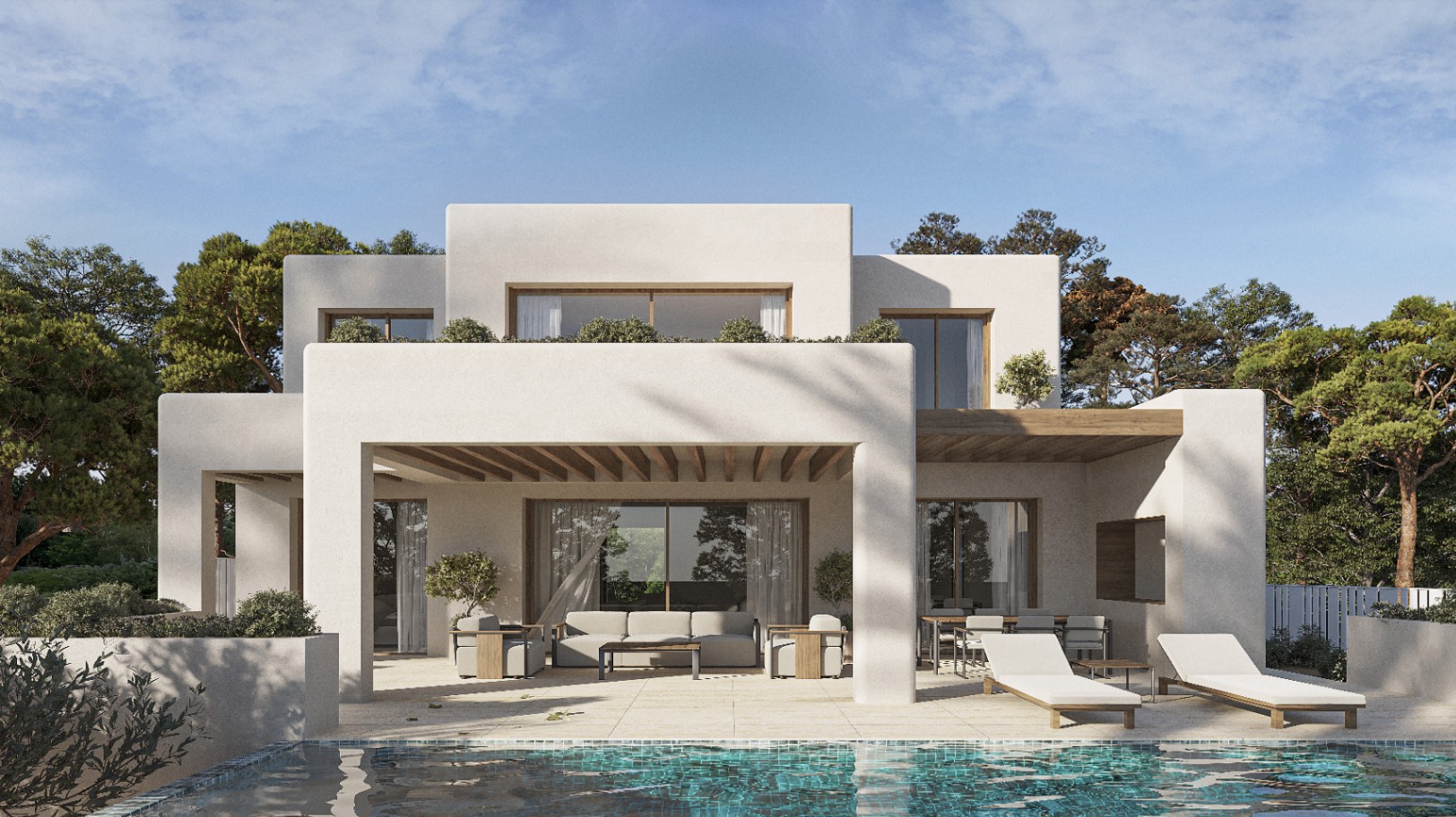 Außenansicht der Villa mit privatem Pool und überdachter Terrasse mit Holzbalken.
