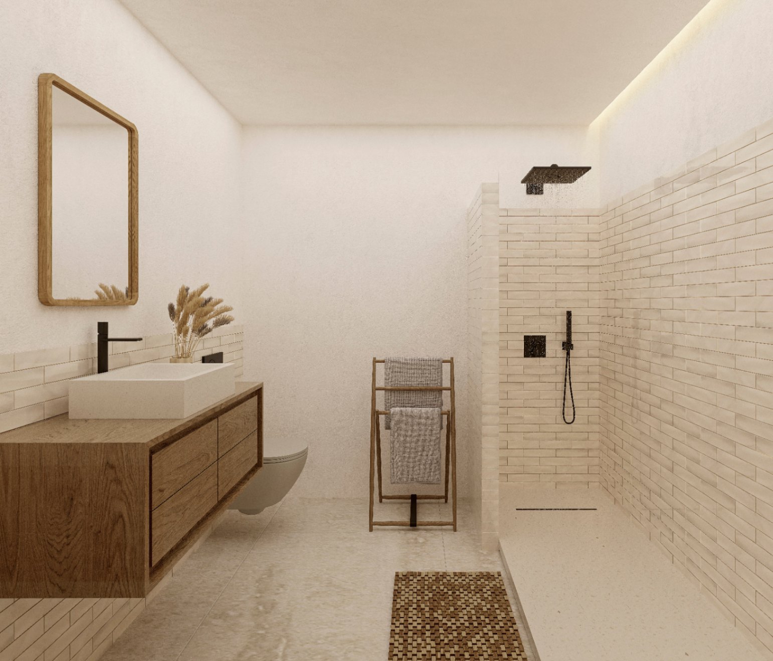Badezimmerdetail mit Waschtisch aus Holz, gefliester, ebenerdiger Dusche und Handtuchhalter aus Holz.