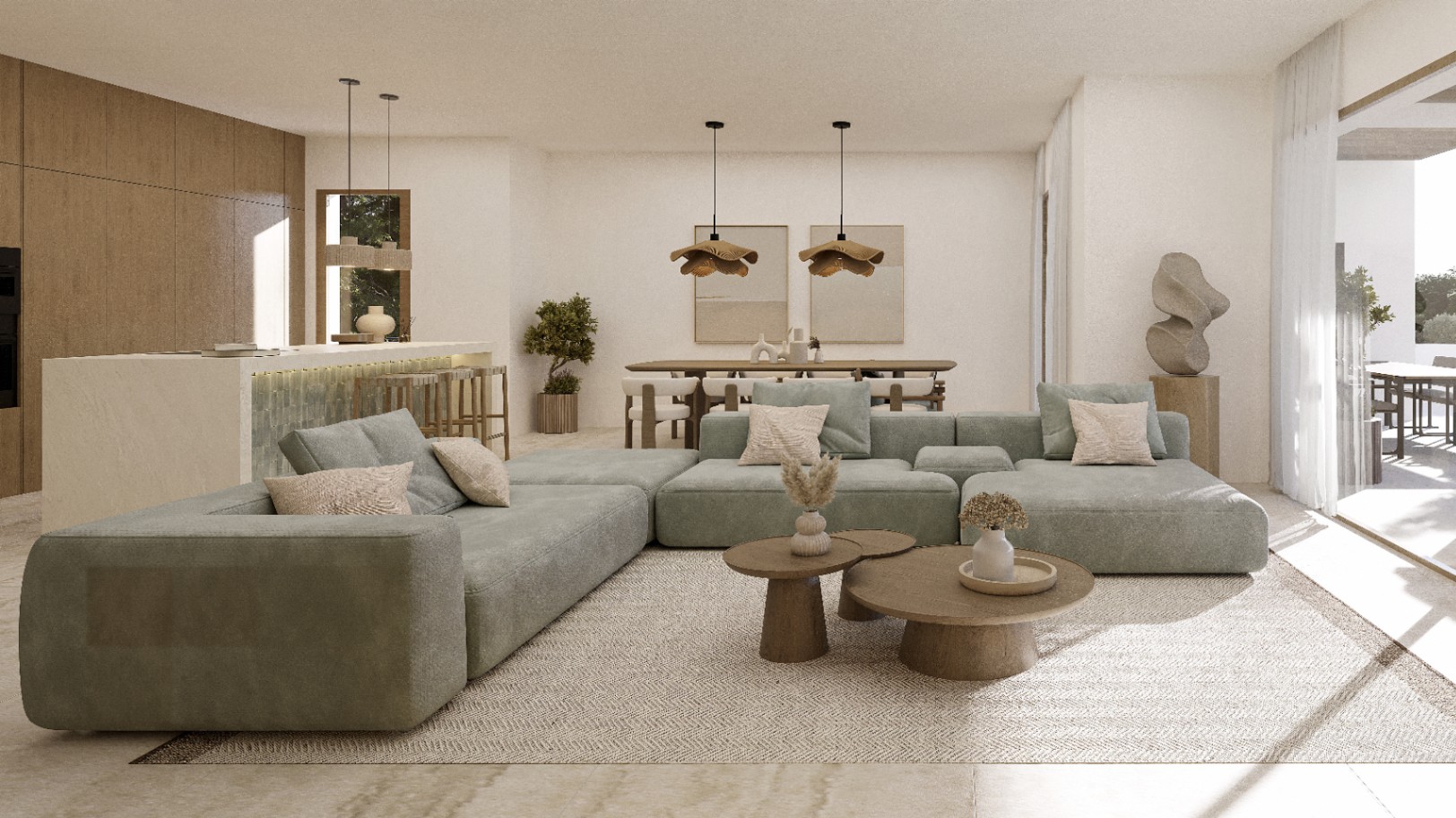Helles Wohnzimmer mit grünem modularem Sofa, Couchtischen aus Holz und Zugang zur Außenterrasse.
