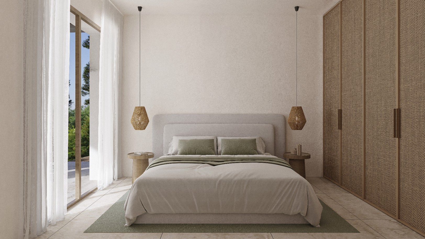 Schlafzimmer mit Doppelbett, Hängelampen aus Korbgeflecht und Kleiderschrank mit Türen in Webstruktur.