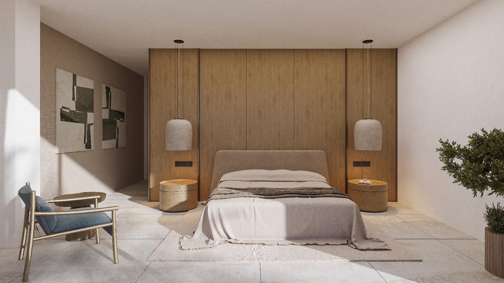 Schlafzimmer mit Holzpaneelwand und Pendelleuchten. Doppelbett mit neutraler Bettwäsche und zylindrischen Nachttischen.