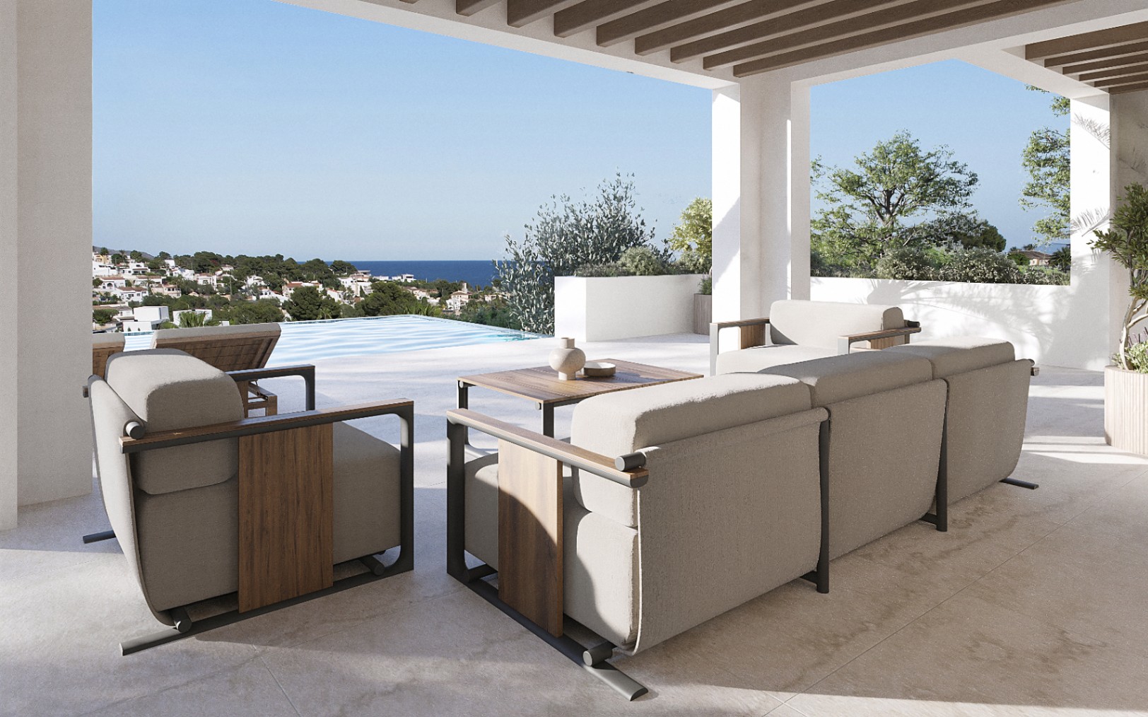 Überdachte Terrasse mit Meerblick und modernen Designmöbeln.