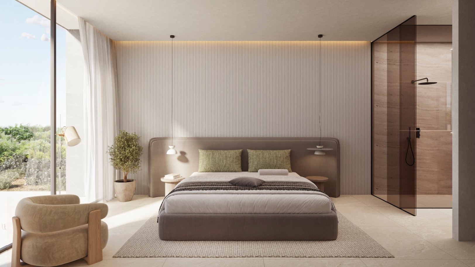 Hauptschlafzimmer mit vertikal strukturierter Wandpaneele, indirekter Beleuchtung und bodentiefen Fenstern. Integrierter Duschbereich mit eleganter Rauchglaswand.