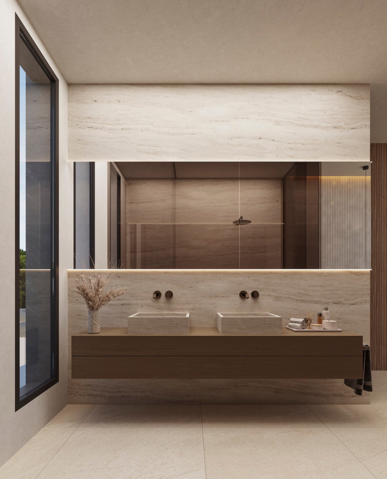 Modernes Badezimmer mit schwebendem Holz-Waschtisch, Doppelwaschbecken aus Naturstein, schwarzen Unterputzarmaturen und großem hinterleuchtetem Spiegel.