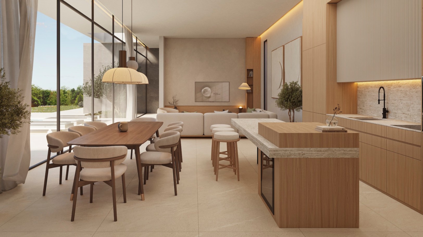 Offener Wohn- und Essbereich mit moderner Küche, Steinkücheninsel und bodentiefen Glasfronten, die für ein helles, minimalistisches Ambiente sorgen.