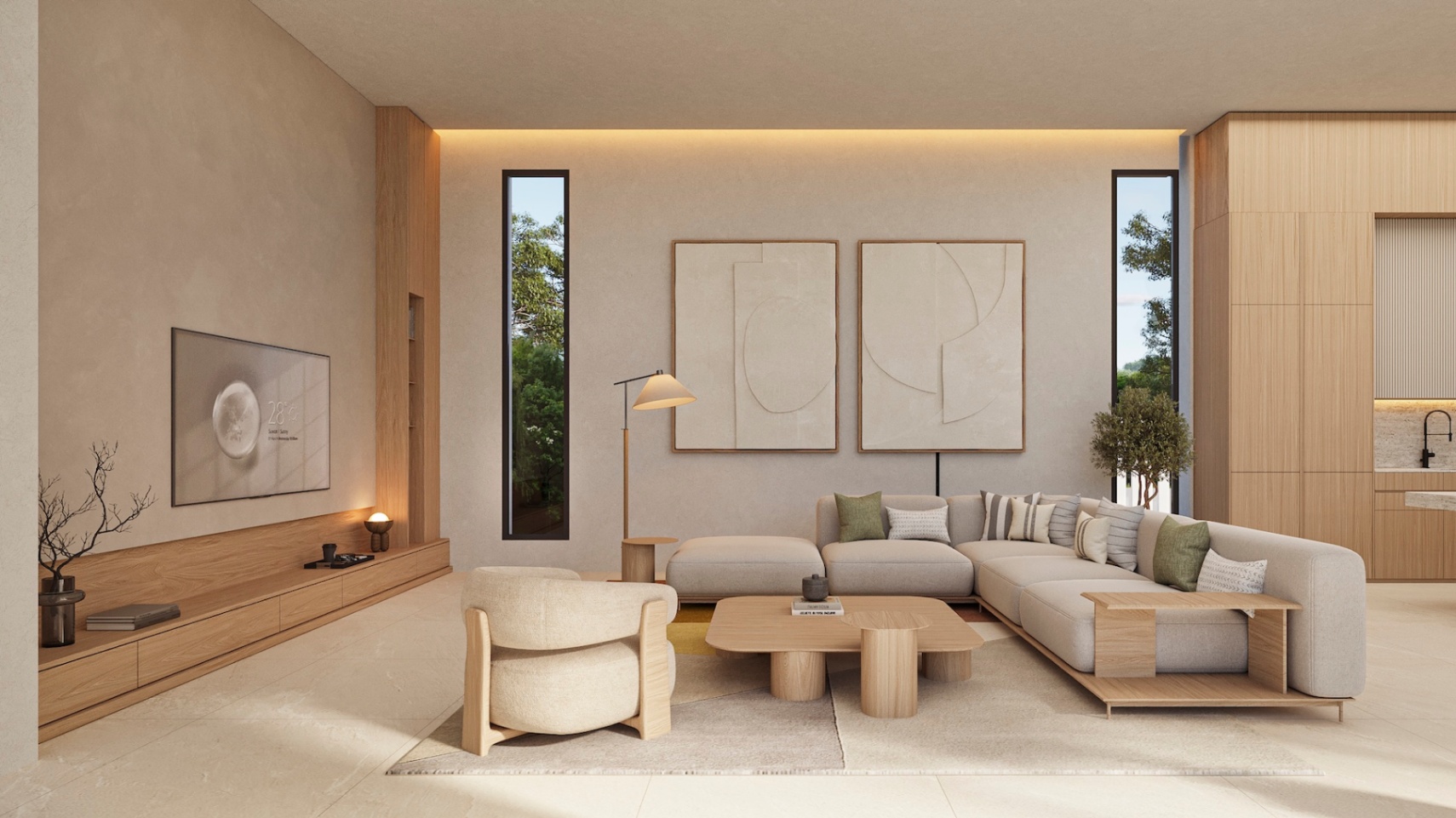 Zeitgenössisches Wohnzimmer mit hellen Holzmöbeln, modularem Sofa in Naturtönen und indirekter Deckenbeleuchtung sowie vertikalen Fenstern.