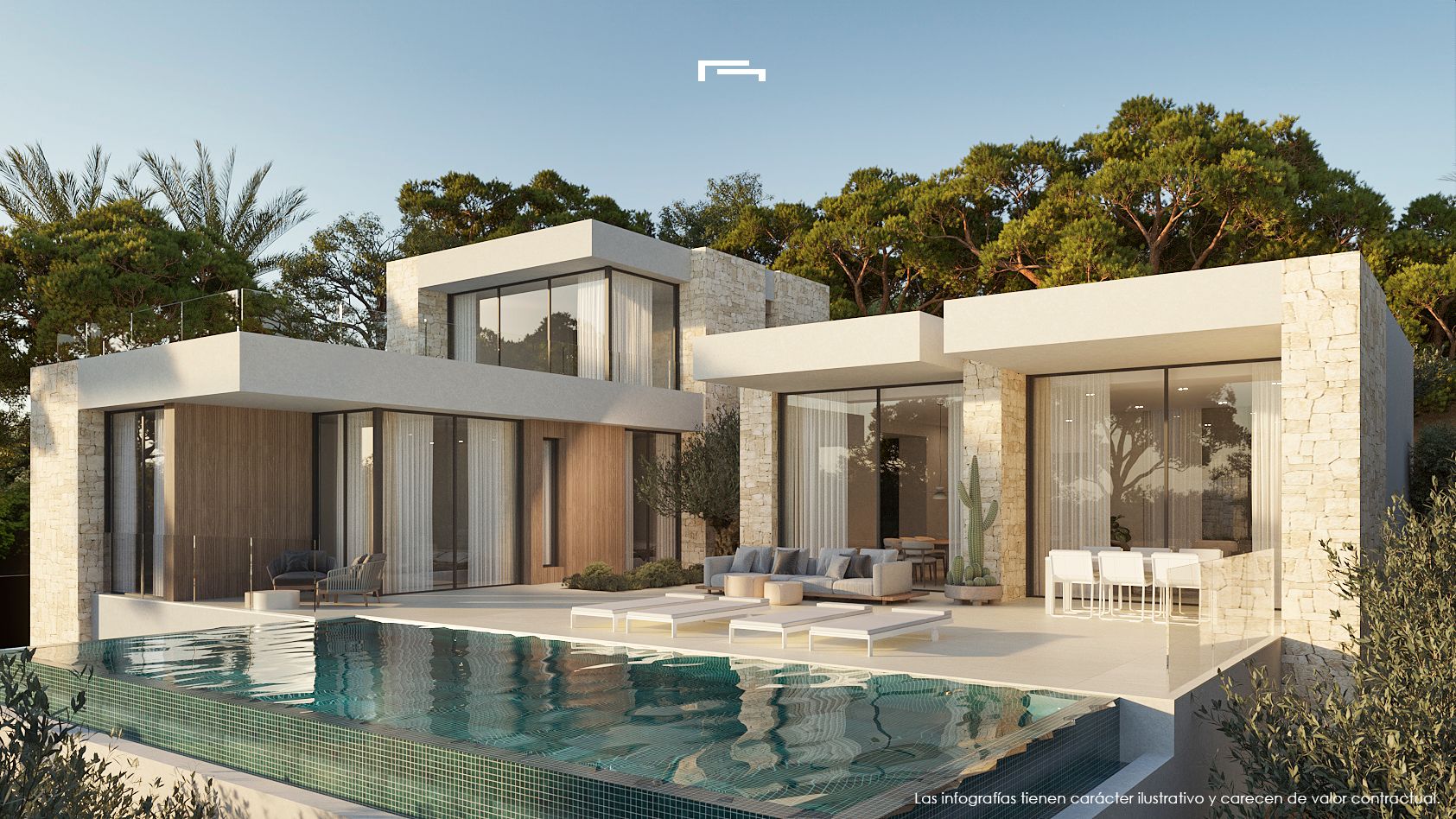 Außenansicht der Villa mit Infinity-Pool, Natursteinfassade und großen Glasfronten, die den Wohnbereich mit der Terrasse und der waldreichen Umgebung verbinden.