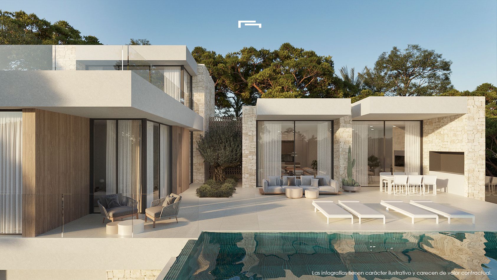 Moderne Außenfassade mit Natursteinwänden, großzügiger Terrasse mit Lounge-Möbeln, Essbereich im Freien und Pool mit türkisfarbenen Mosaikfliesen vor mediterraner Kulisse.