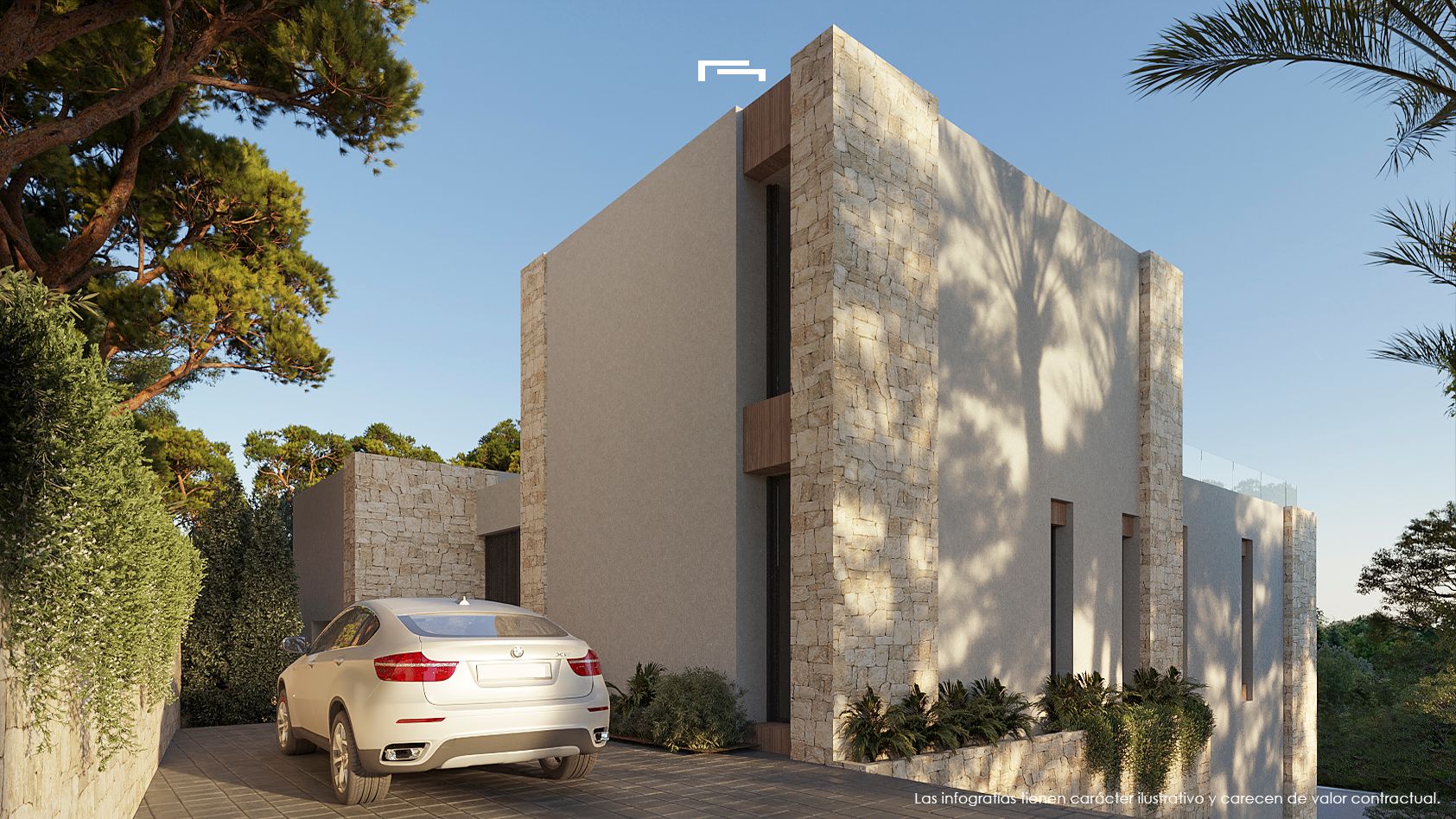 Moderne Fassade mit Natursteinpfeilern, glatten Putzwänden und Holzakzenten, eingebettet in eine mediterrane Landschaft mit Pinien.