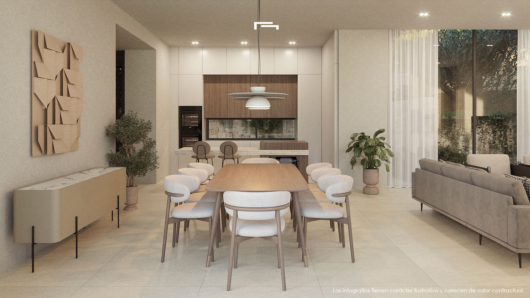 Offener Essbereich und Küche mit einem Holztisch für acht Personen, Designer-Leuchte und hochwertigen Einbauschränken in Holz- und Steinoptik.