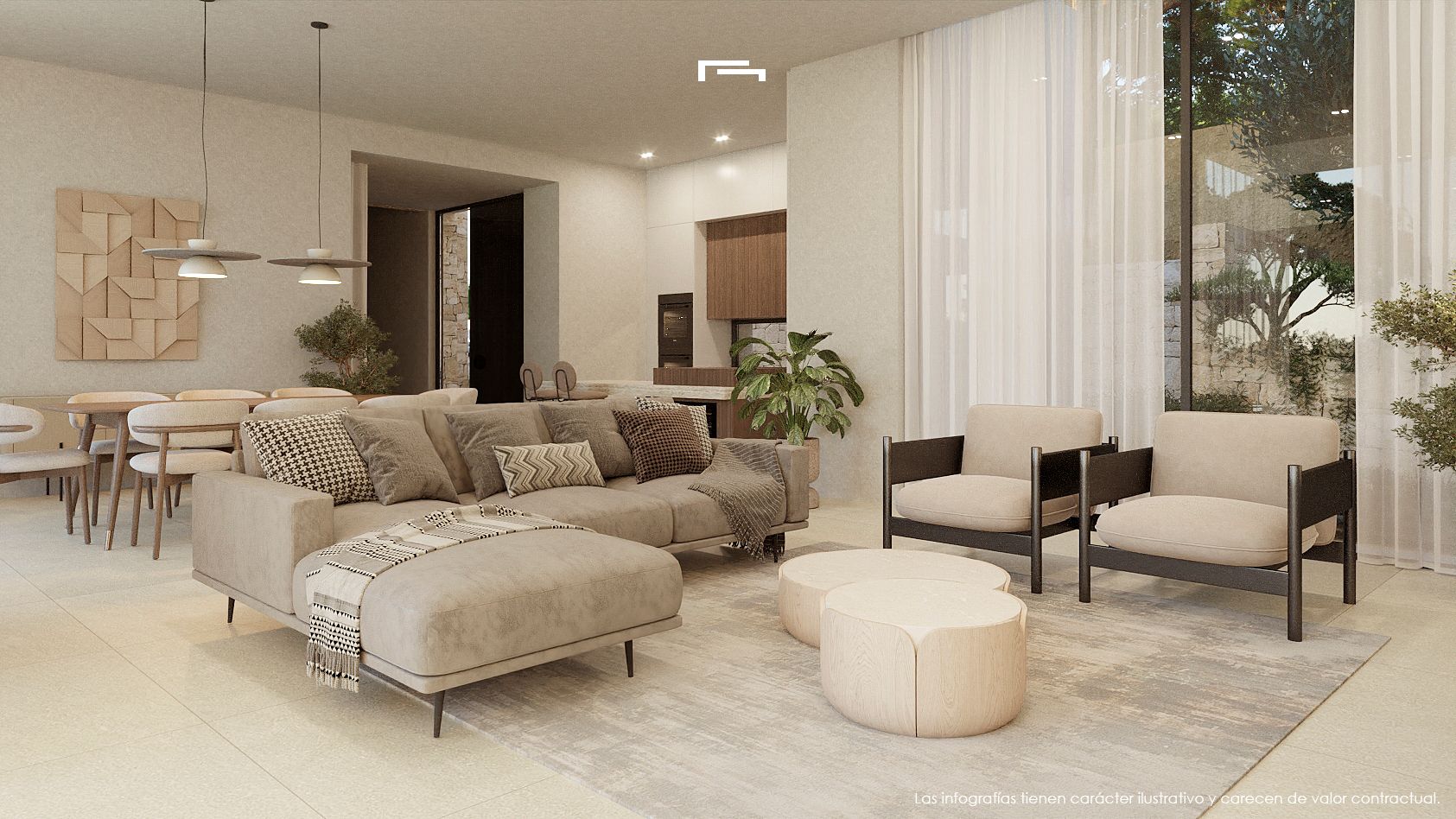 Offener Wohnbereich mit neutralem Ecksofa, runden Holztischen und integriertem Essplatz, ergänzt durch großzügige Fensterfronten und moderne Designerleuchten.