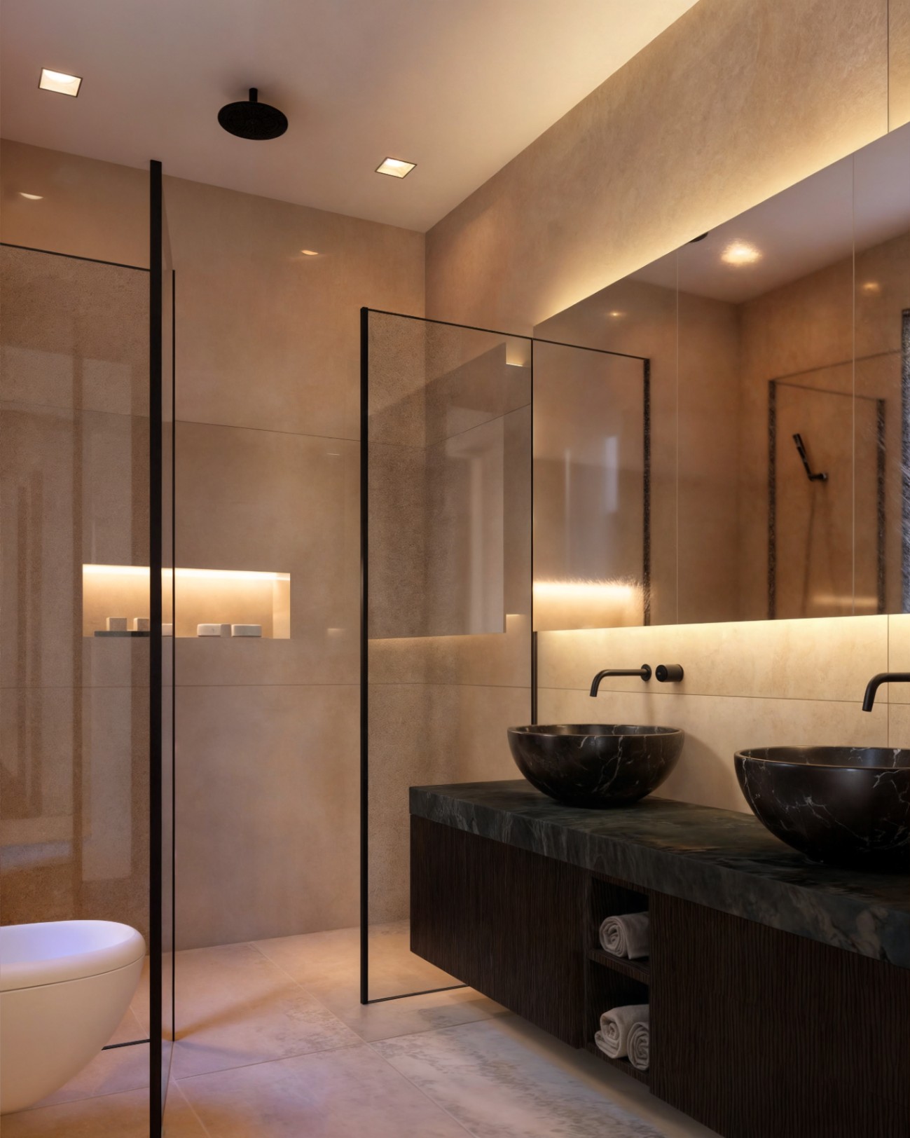 Modernes Badezimmer mit Doppelwaschbecken aus dunklem Marmor, schwarzen Unterputzarmaturen, hinterleuchtetem Spiegel und einer begehbaren Dusche mit Glastrennwand.