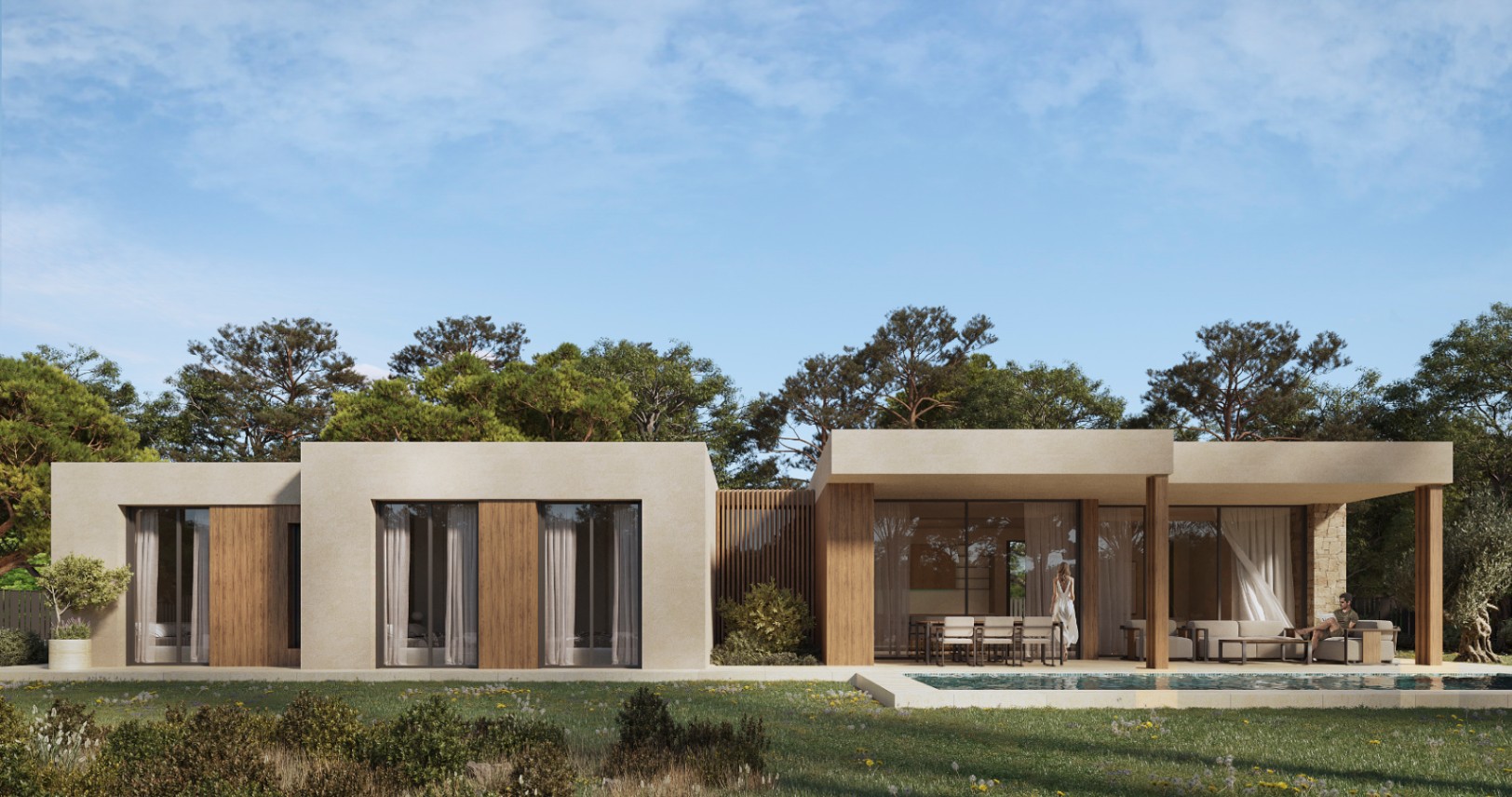Außenansicht einer modernen Villa mit Holzverkleidung, überdachter Terrasse mit Essbereich und großen Glasfronten, die direkt zum Pool und Garten führen.