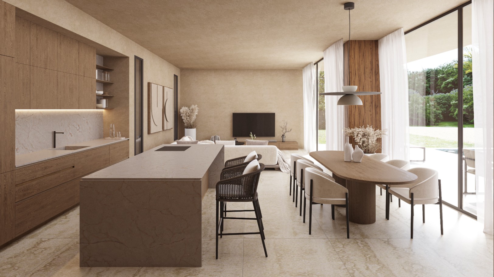 Offener Wohnbereich mit Designerküche aus Holz, Steininsel und Essplatz, ergänzt durch bodentiefe Fensterfronten mit Blick in den Garten.